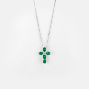 18K White Gold Emerald 1PC Diamond Pendant Thalia Oval Emerald Cross Pendant