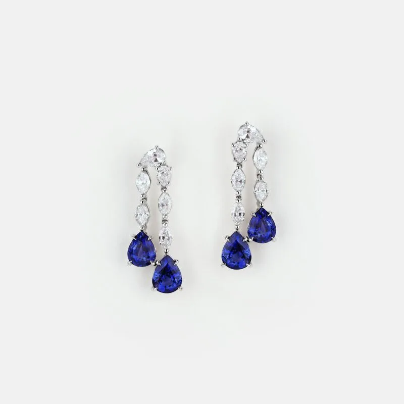 Amara Pear Shaped Sapphire Double Diamond Dangling Earrings