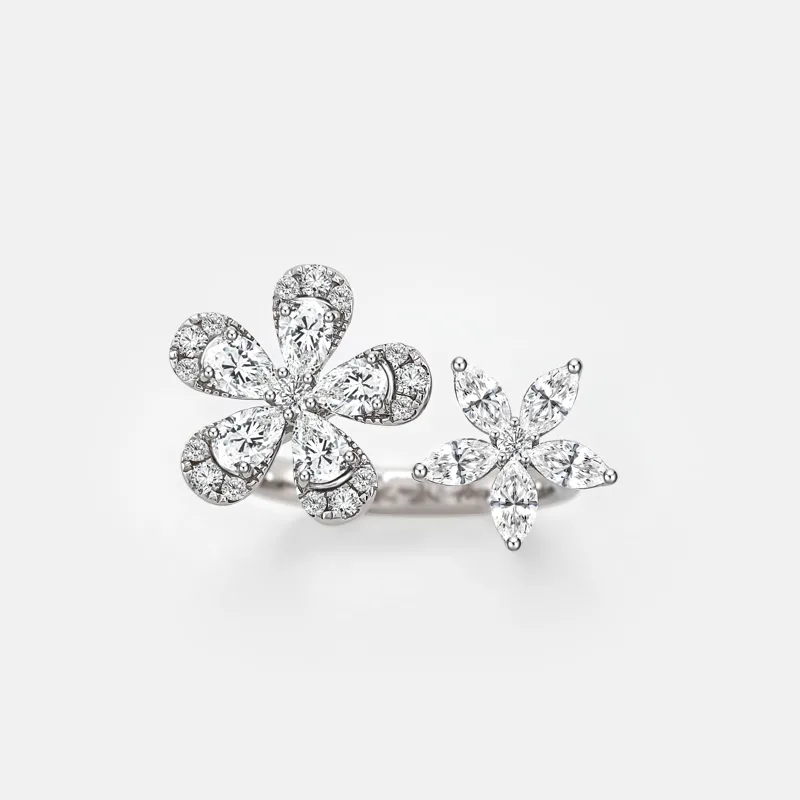 Vespera Pear Shaped and Marquise Diamond Twin Blossom Open Ring